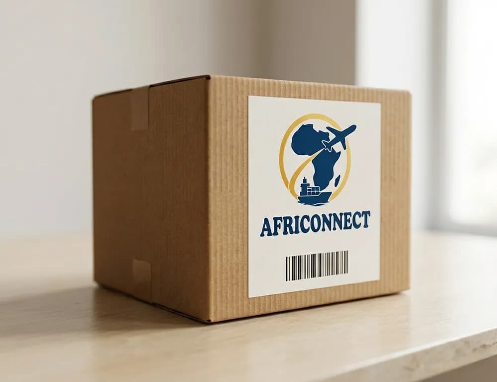 Carton Africonnect prêt au départ, étiqueté et scellé